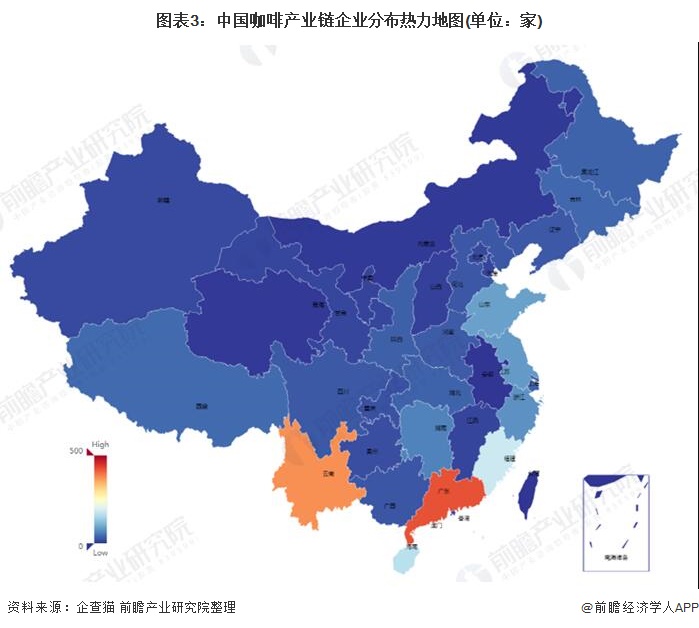 2021年中国咖啡行业产业链现状及区域市场格局分析 企业主要分布在广东、云南两省(图3)